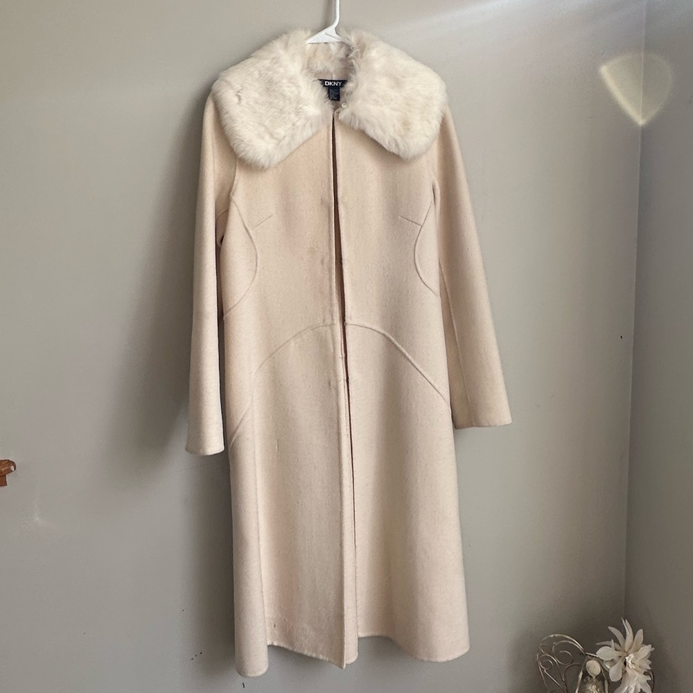 DKNY Ivory Wool and Fur Collar Coat